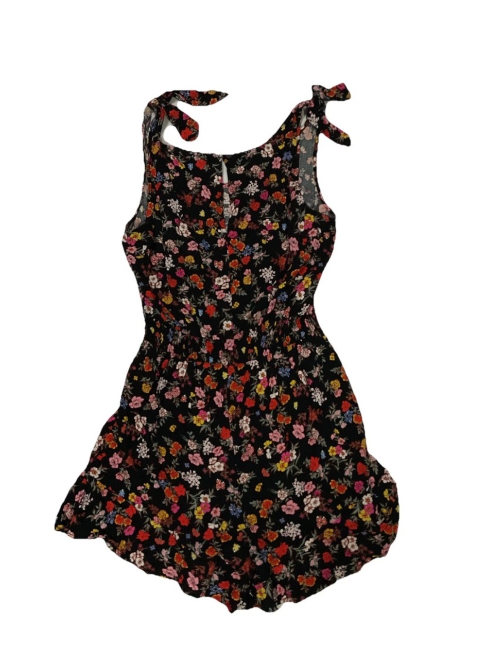 Kingston Black Floral Tie-Shoulder Empire Waist Ruffle Leg Romper Small - Picture 3 of 4